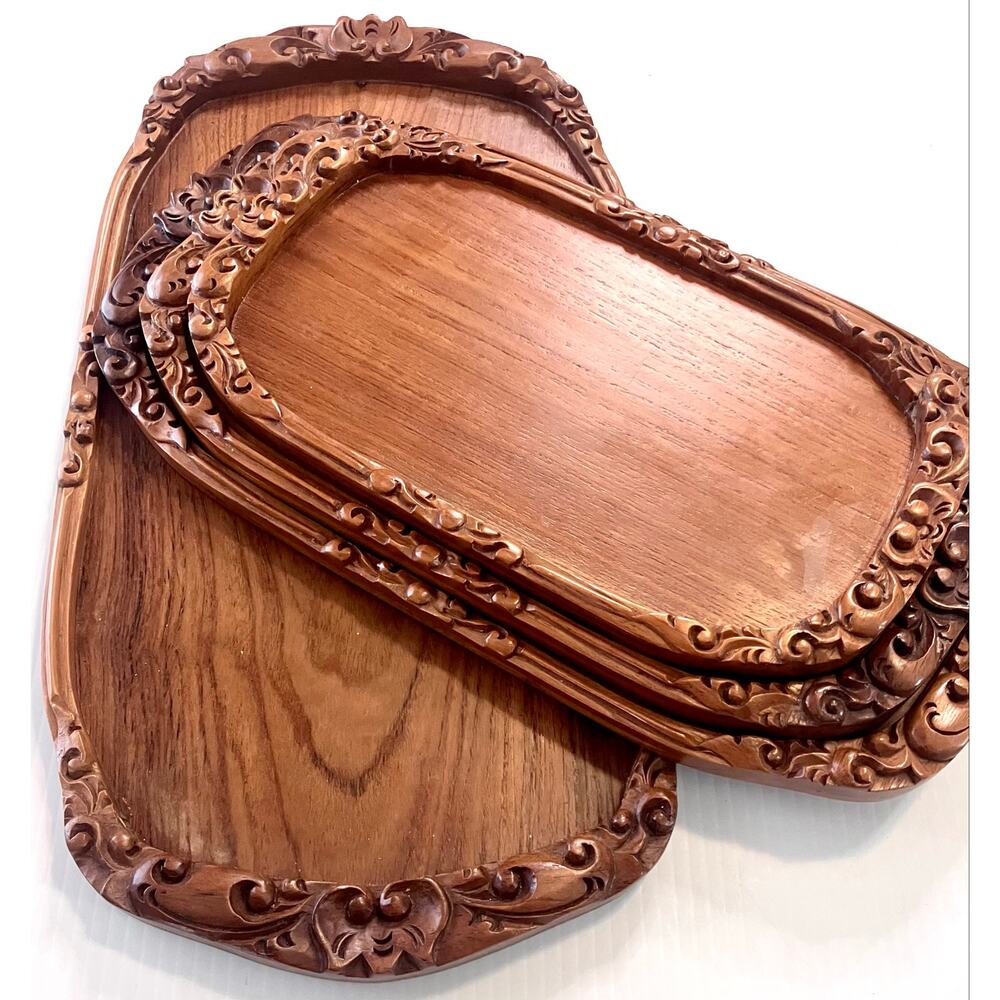 Vintage Carved Wood Serving Trays Ornate Boho Stacking Nesting Set Of 4 Sheesham